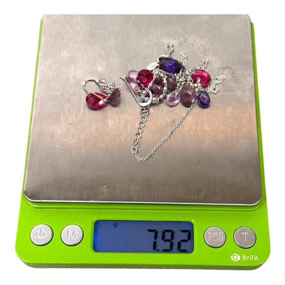 MWS Sterling Silver Faceted Ruby Amethyst Teardrop Gemstone Necklace Earring Set - Picture 8 of 12